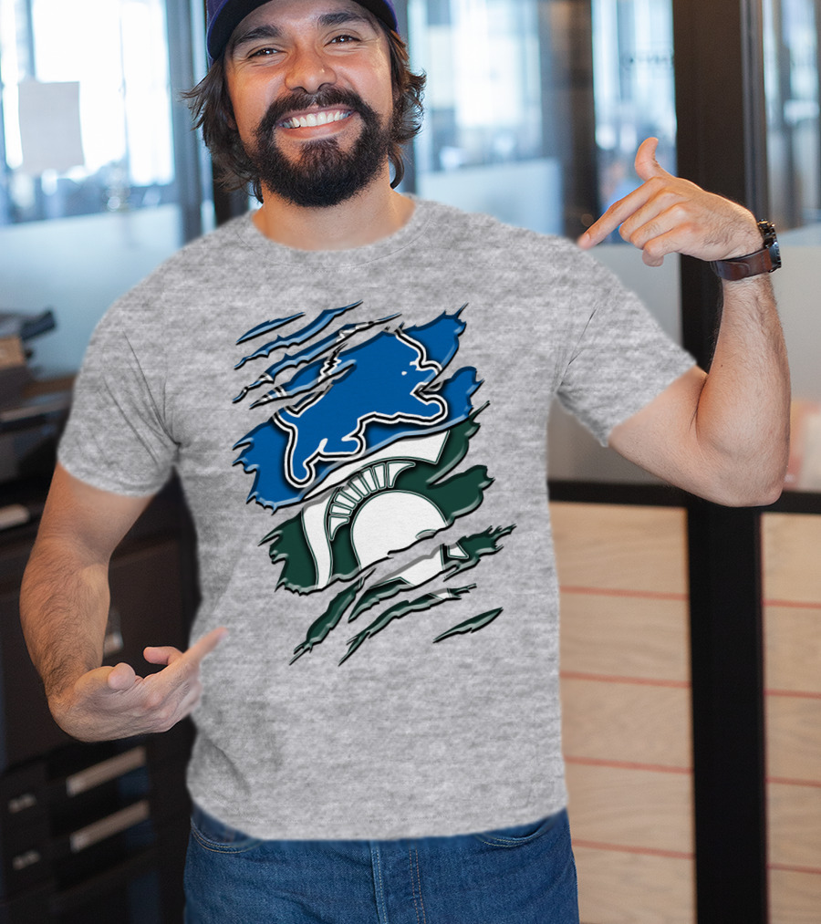 Detroit Lions Michigan State Spartans Ripped Claw Scratch Design Rah 076 T-Shirt