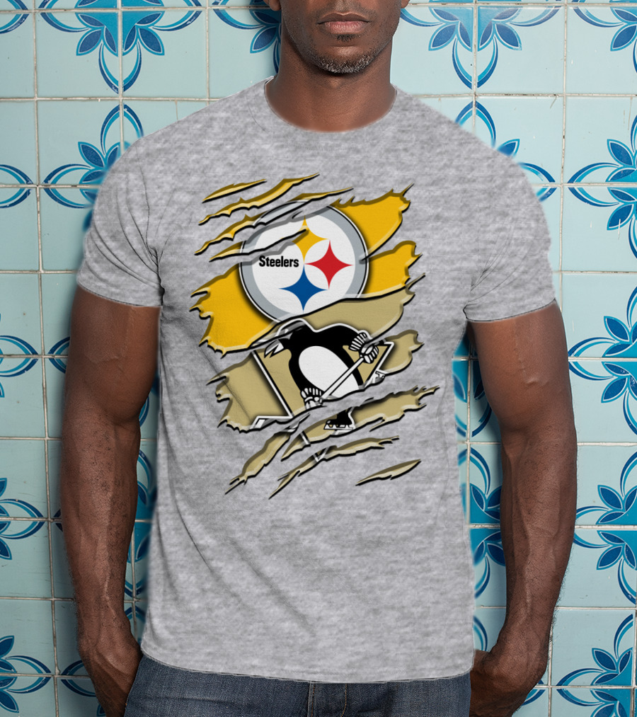 Steelers Penguins Torn Scratches Logo Collaboration T-Shirt