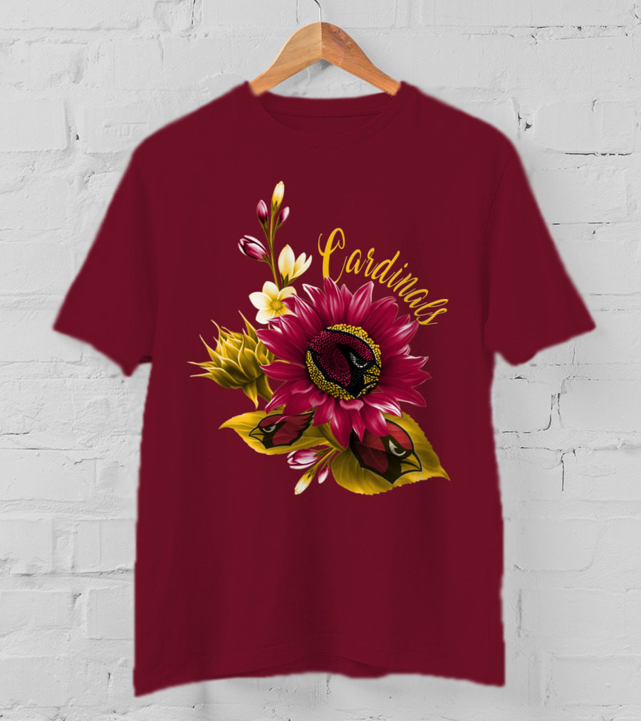 Cardinals Floral Sunflower And Bird Art On Red T-Shirt