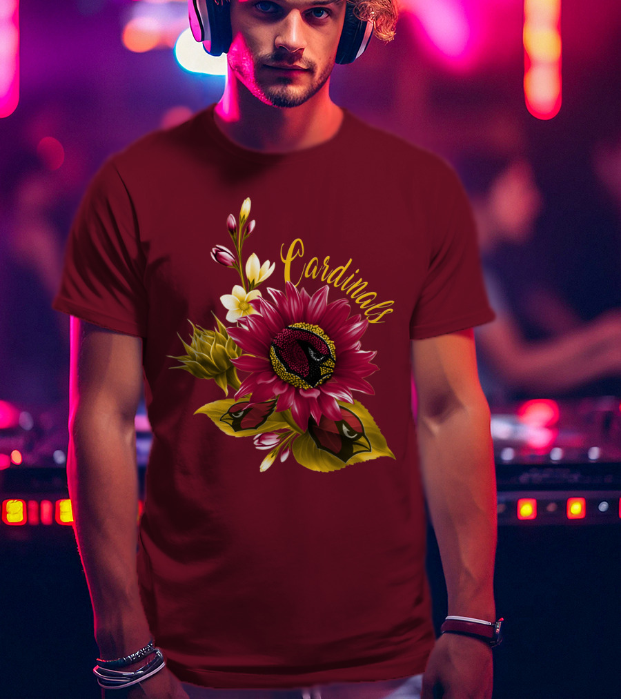 Cardinals Floral Sunflower And Bird Art On Red T-Shirt