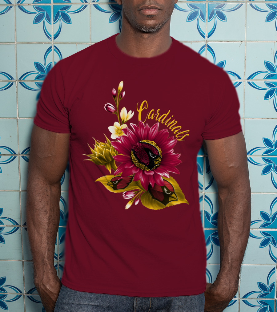 Cardinals Floral Sunflower And Bird Art On Red T-Shirt
