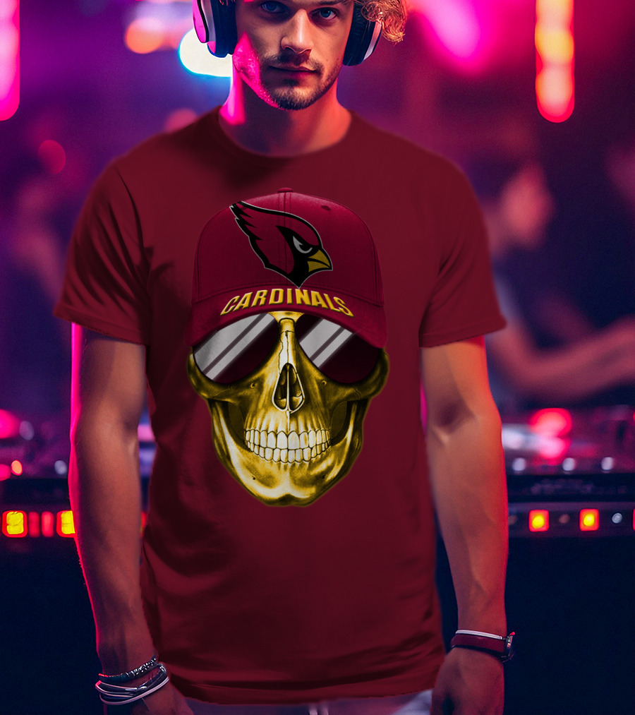 Arizona Cardinals Skull With Hat And Sunglasses T-Shirt