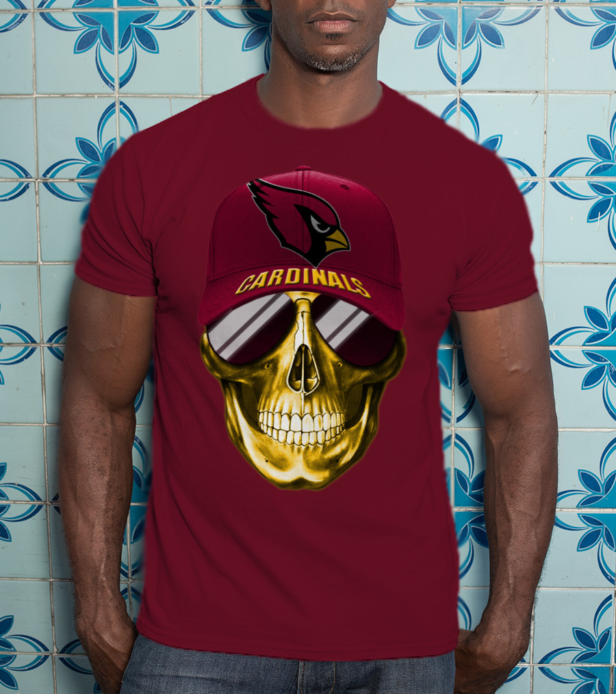 Arizona Cardinals Skull With Hat And Sunglasses T-Shirt