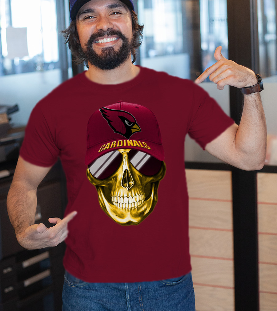 Arizona Cardinals Skull With Hat And Sunglasses T-Shirt