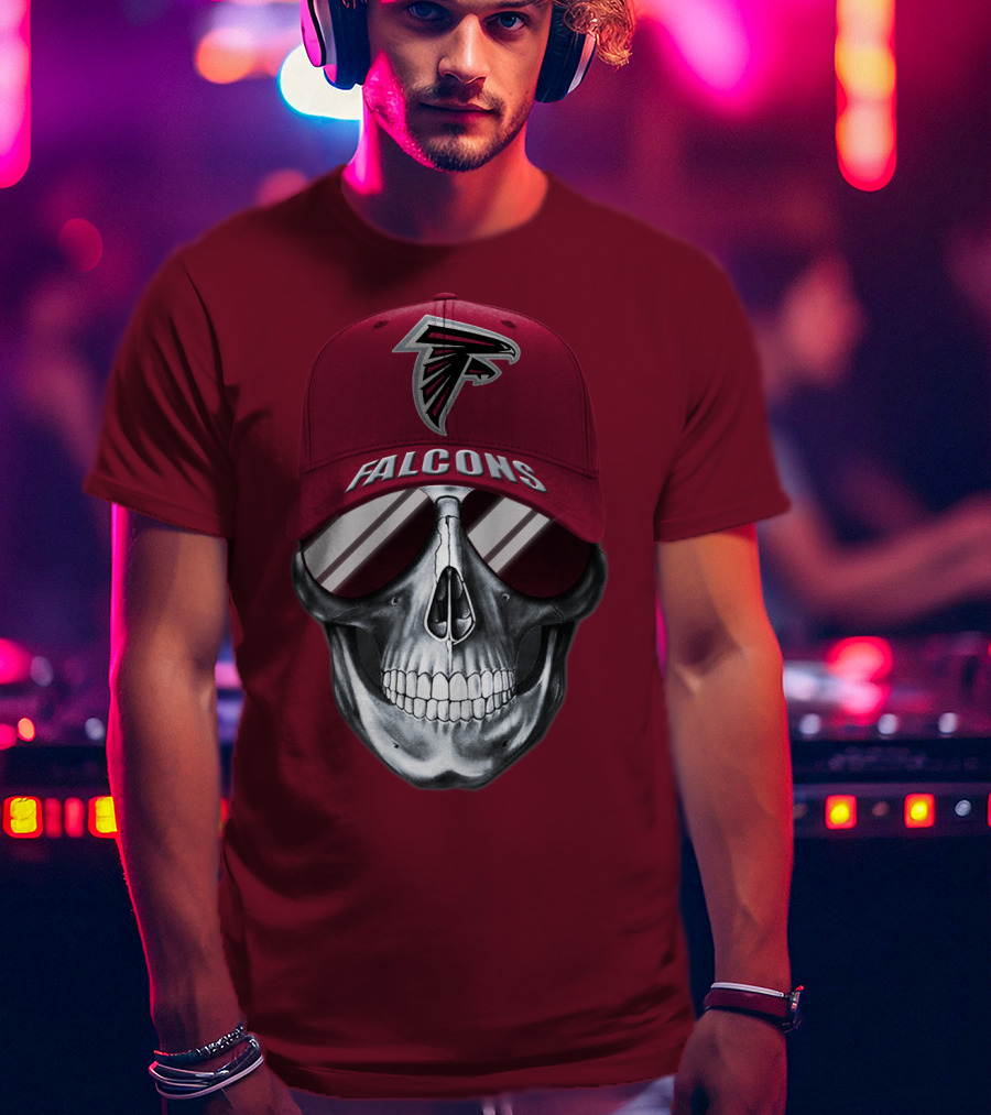 Atlanta Falcons Skull With Logo Hat And Sunglasses T-Shirt