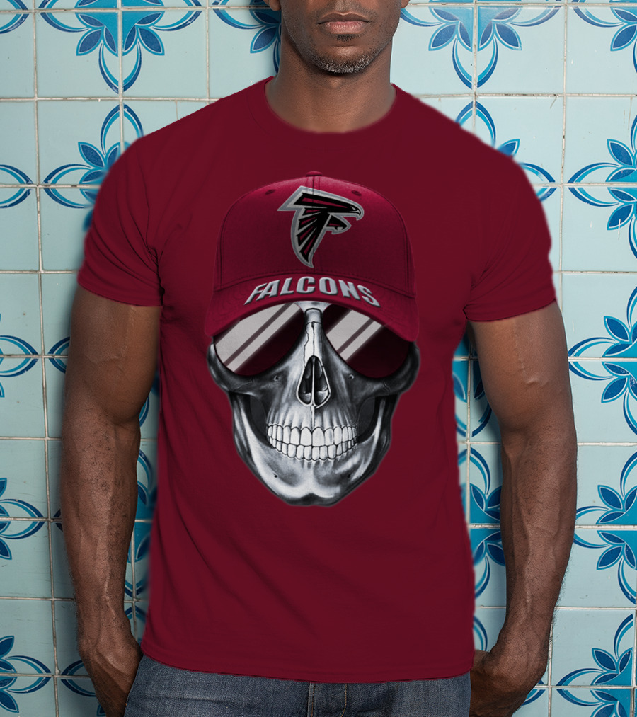 Atlanta Falcons Skull With Logo Hat And Sunglasses T-Shirt