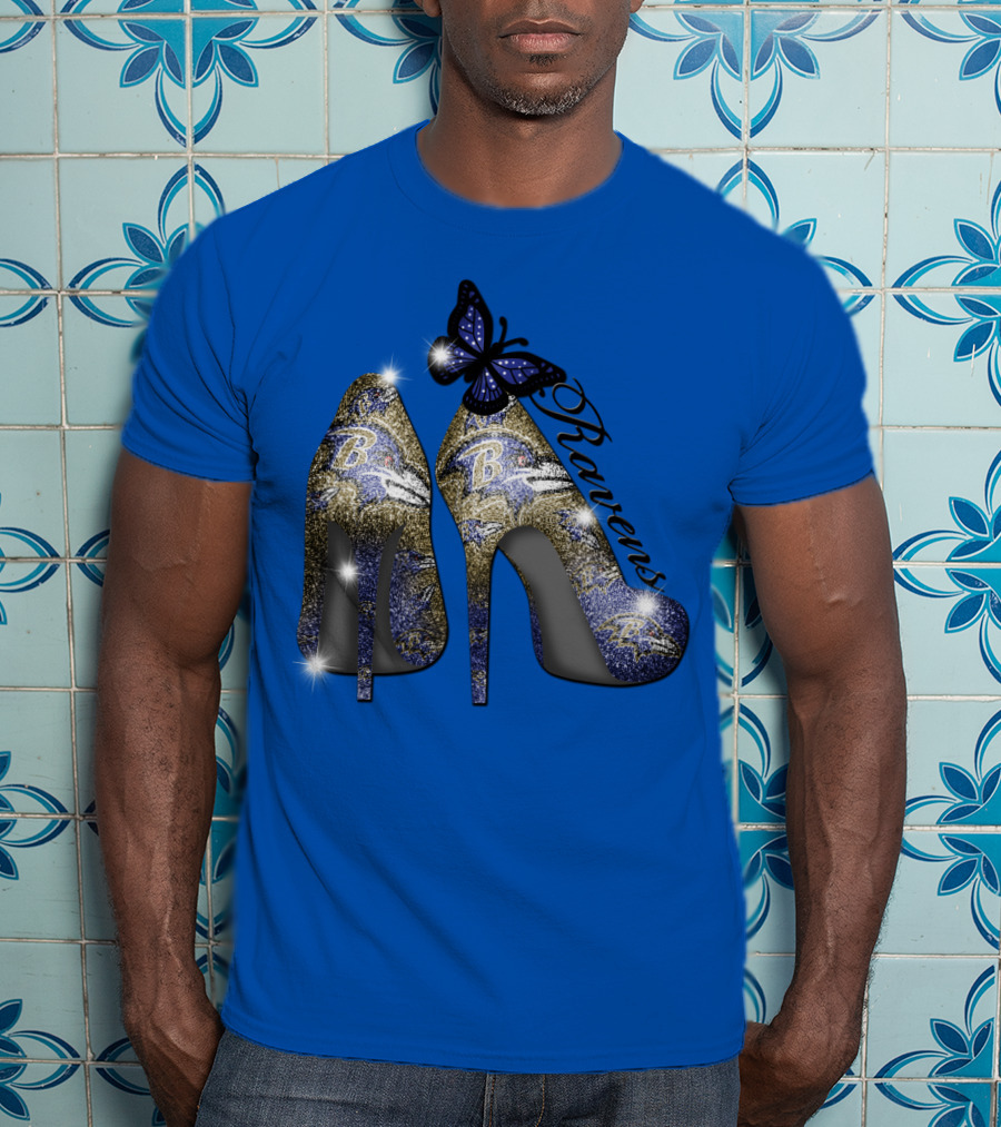 Ravens High Heels With Butterfly Baltimore Ravens Logos T-Shirt