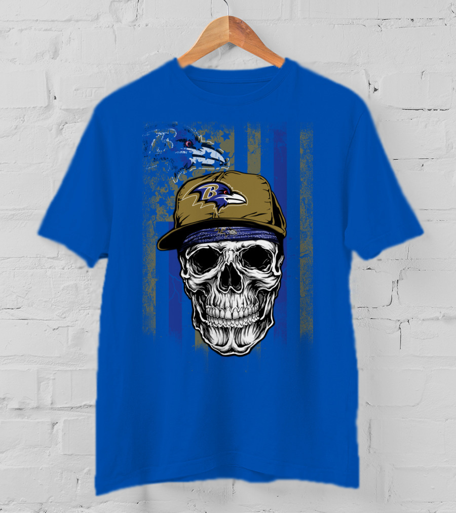 Baltimore Ravens Skull With Hat And Stylized Flag Elements T-Shirt