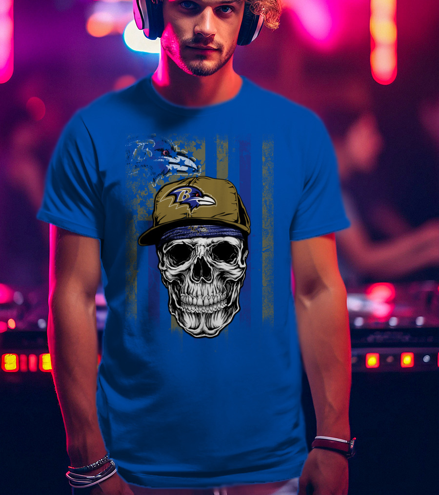 Baltimore Ravens Skull With Hat And Stylized Flag Elements T-Shirt