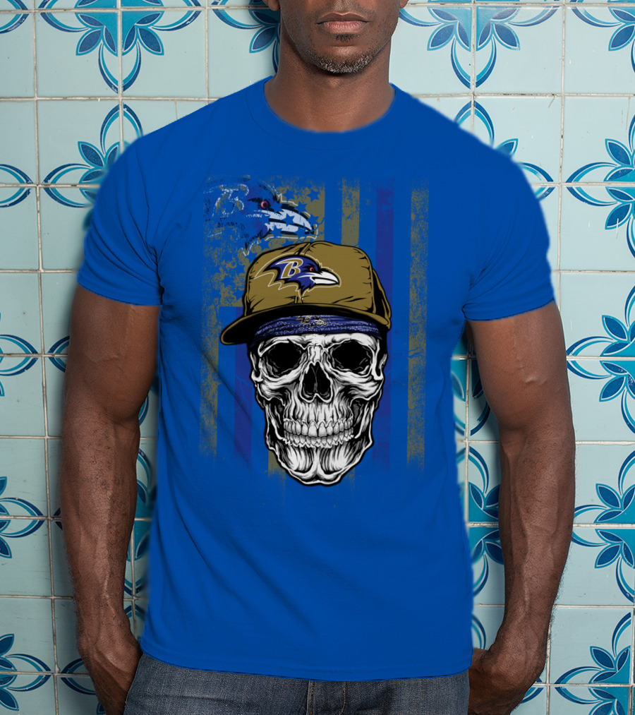 Baltimore Ravens Skull With Hat And Stylized Flag Elements T-Shirt