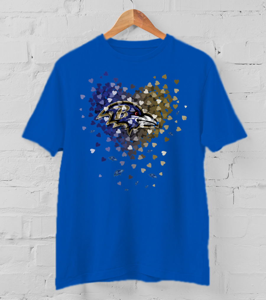 Baltimore Ravens Heart Design With Logo And Multicolored Hearts T-Shirt