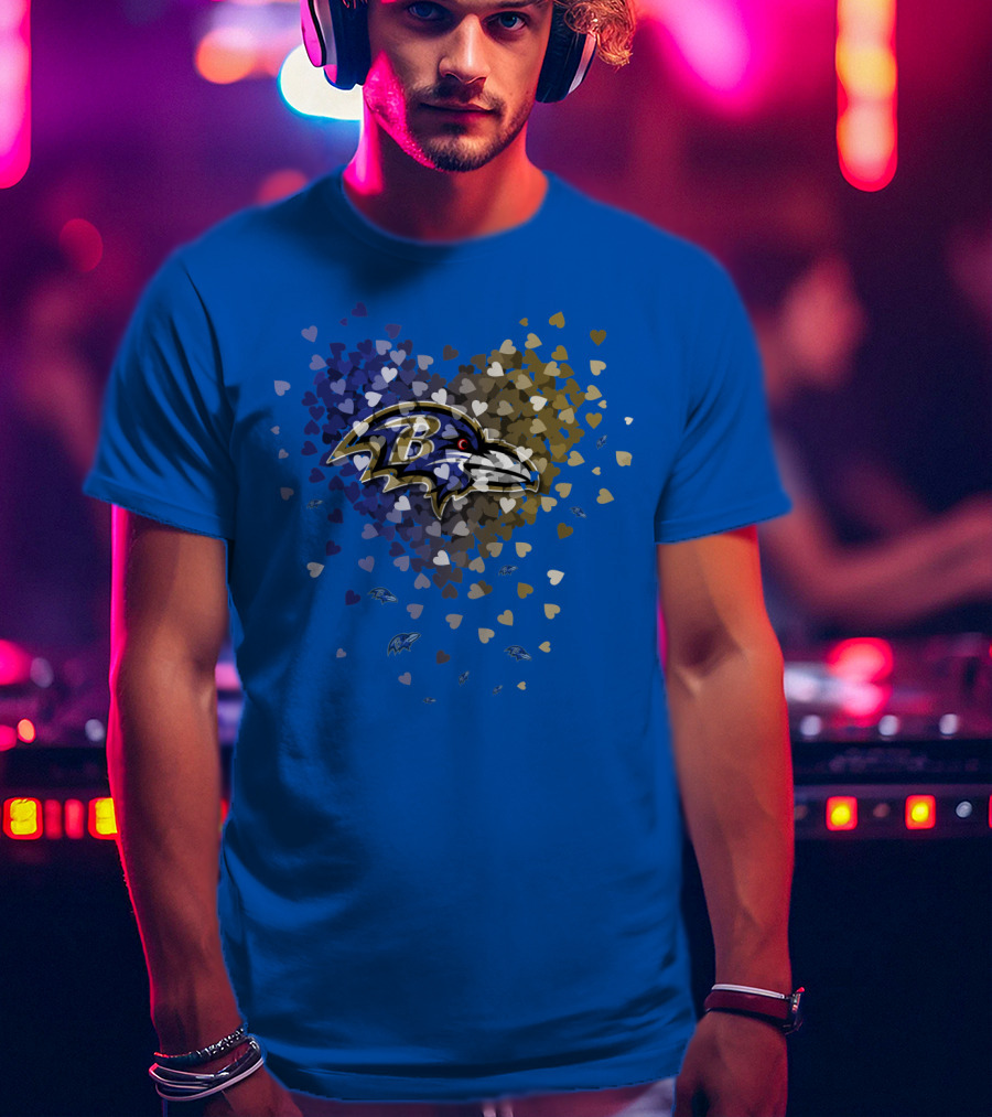 Baltimore Ravens Heart Design With Logo And Multicolored Hearts T-Shirt