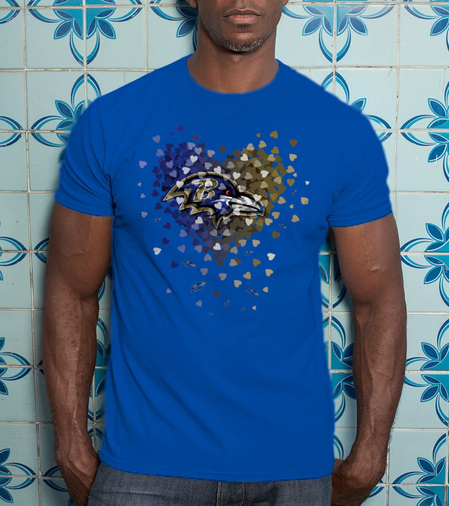 Baltimore Ravens Heart Design With Logo And Multicolored Hearts T-Shirt