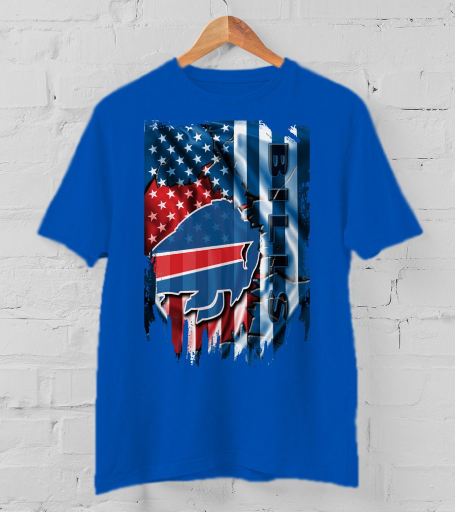 Buffalo Bills American Flag Collage With Team Logo And Bold Vertical T-Shirt