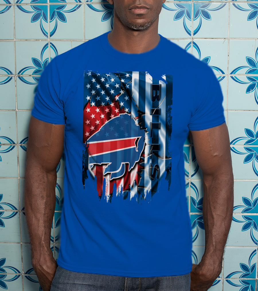 Buffalo Bills American Flag Collage With Team Logo And Bold Vertical T-Shirt