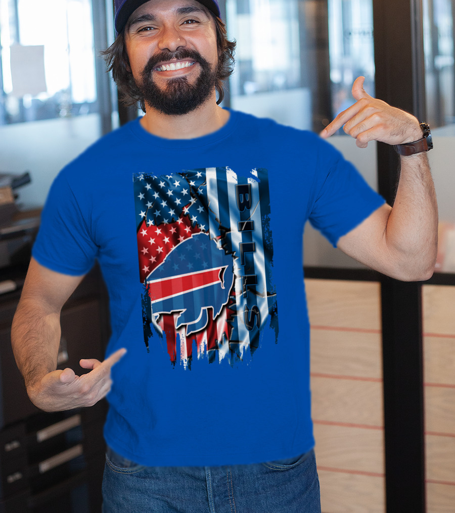 Buffalo Bills American Flag Collage With Team Logo And Bold Vertical T-Shirt