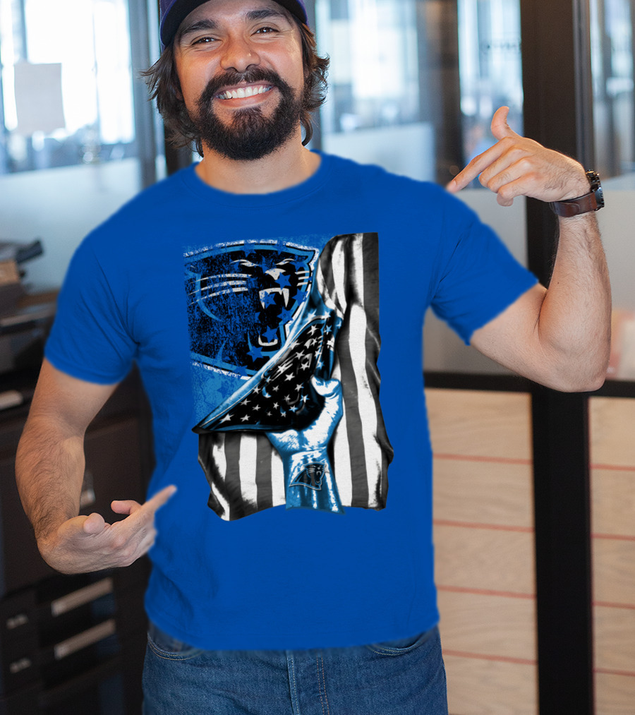 Carolina Panthers American Flag Hand Blue Graphic Fan Merchandise T-Shirt