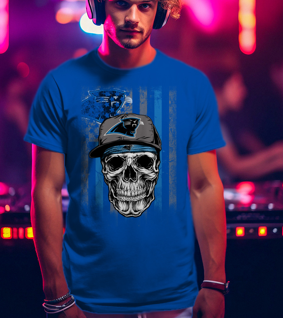 Carolina Panthers Skull With Hat And Striped T-Shirt