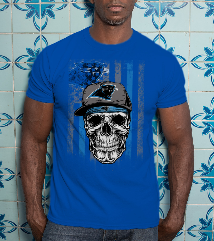 Carolina Panthers Skull With Hat And Striped T-Shirt