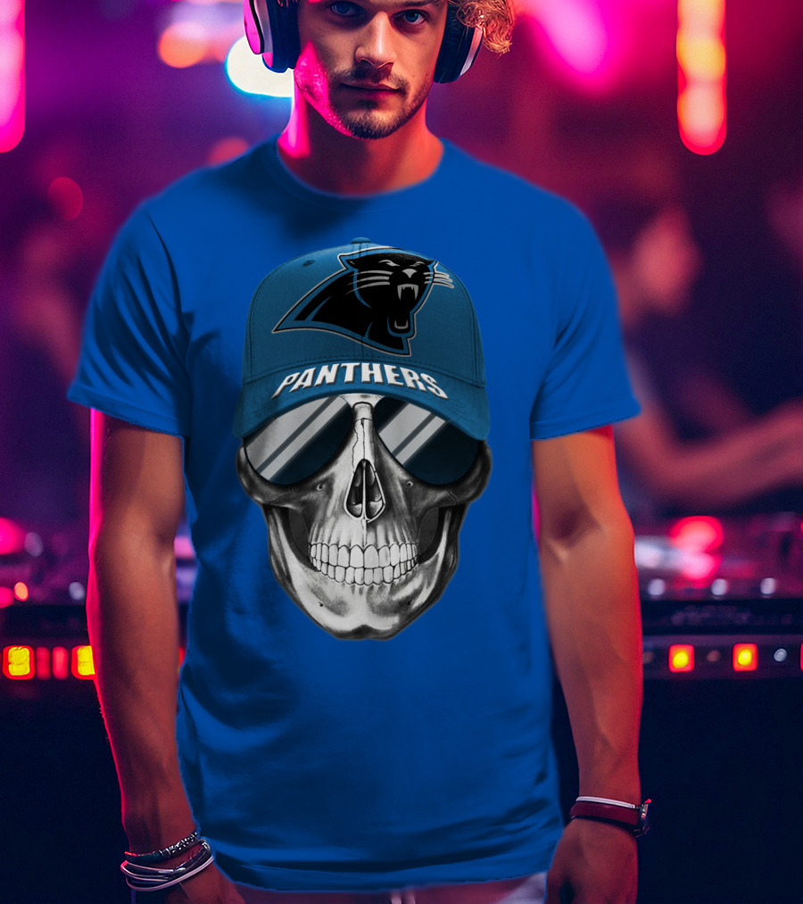 Carolina Panthers Skull Wearing Team Hat And Sunglasses T-Shirt