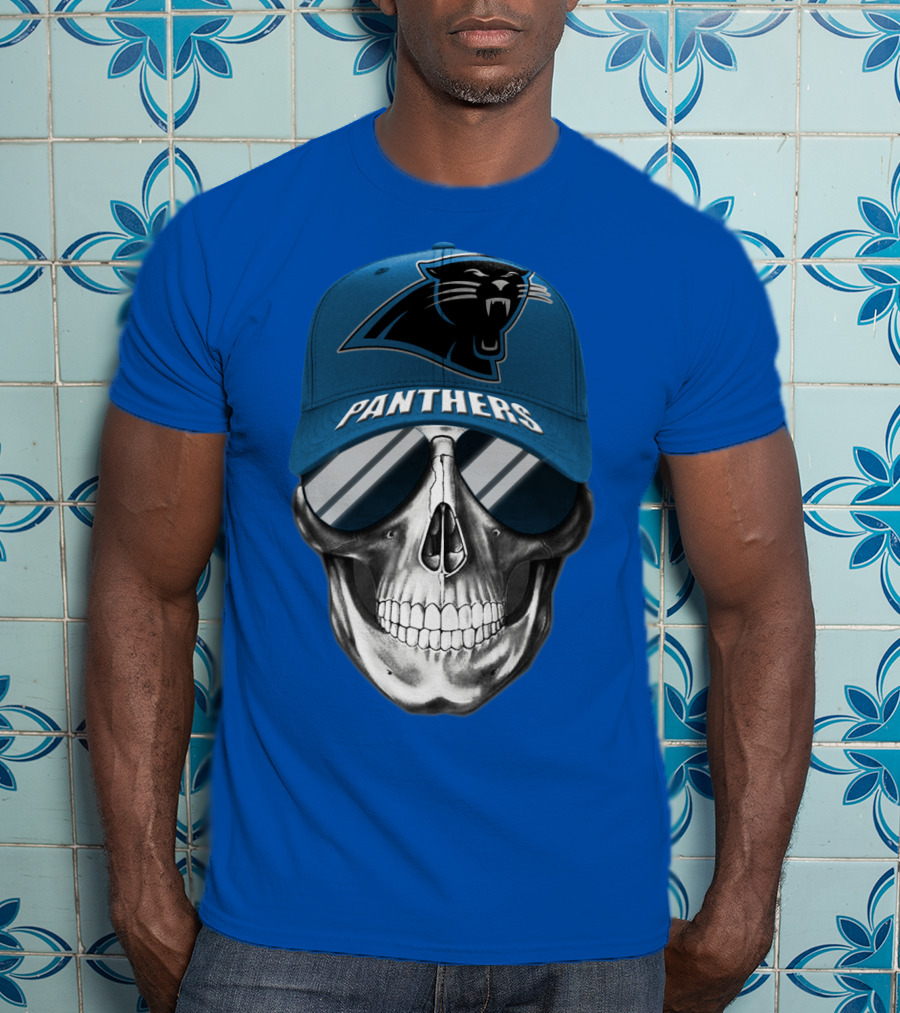 Carolina Panthers Skull Wearing Team Hat And Sunglasses T-Shirt