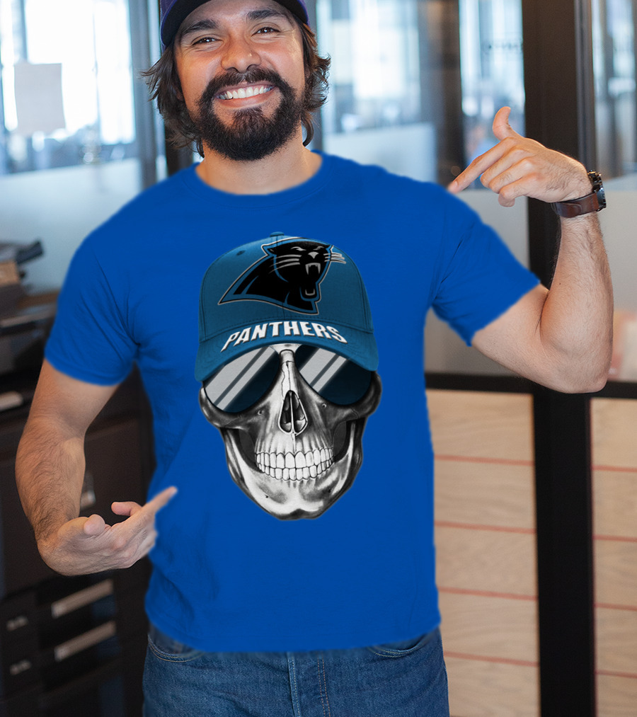Carolina Panthers Skull Wearing Team Hat And Sunglasses T-Shirt
