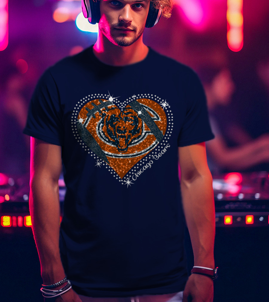Chicago Bears Heart Logo Football Sparkle T-Shirt
