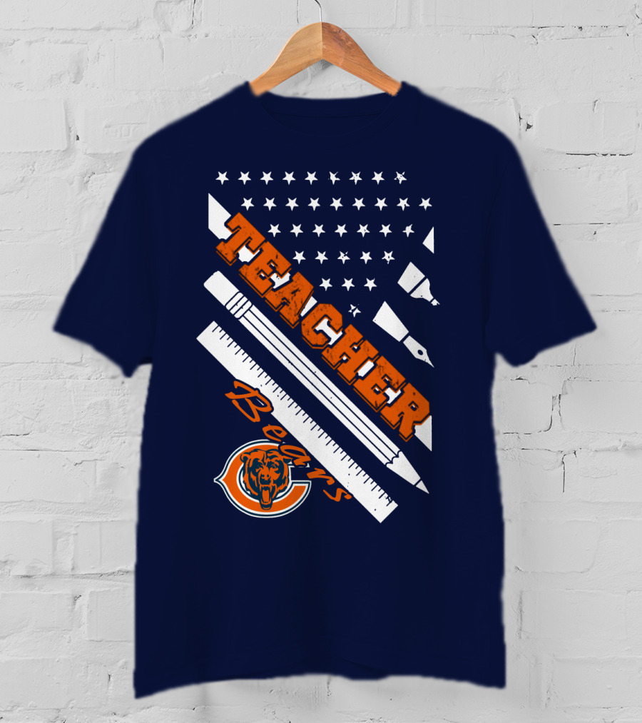 Chicago Bears Teacher American Flag Ruler And Pens T-Shirt