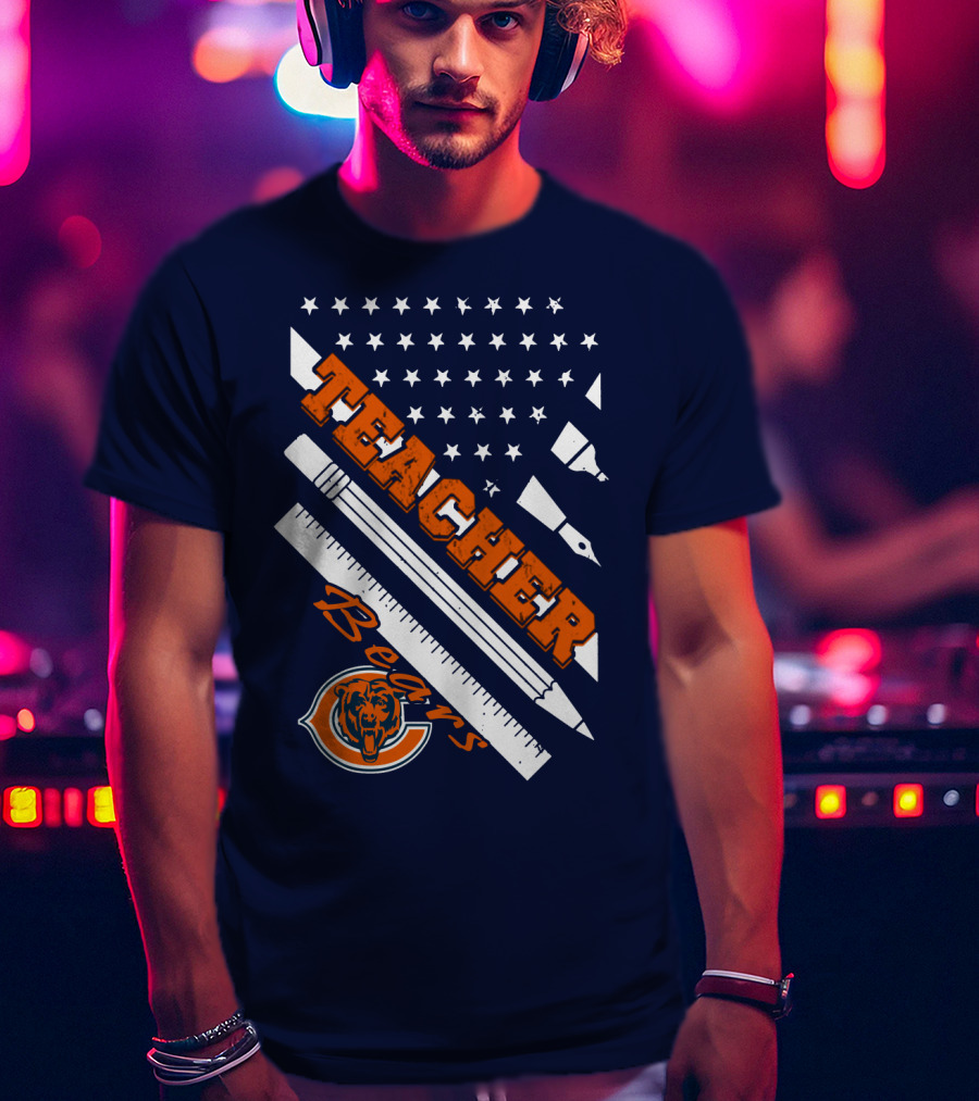 Chicago Bears Teacher American Flag Ruler And Pens T-Shirt