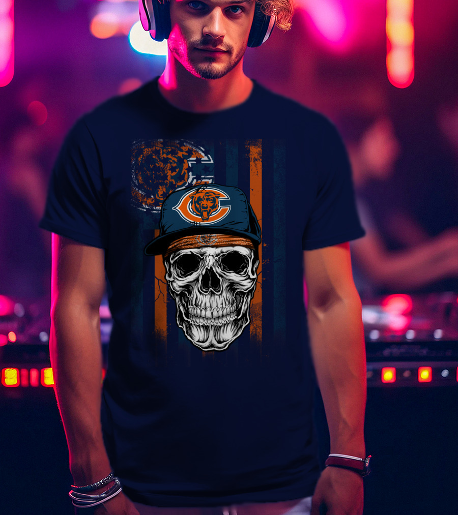 Chicago Bears Skull With Cap And Stripes T-Shirt