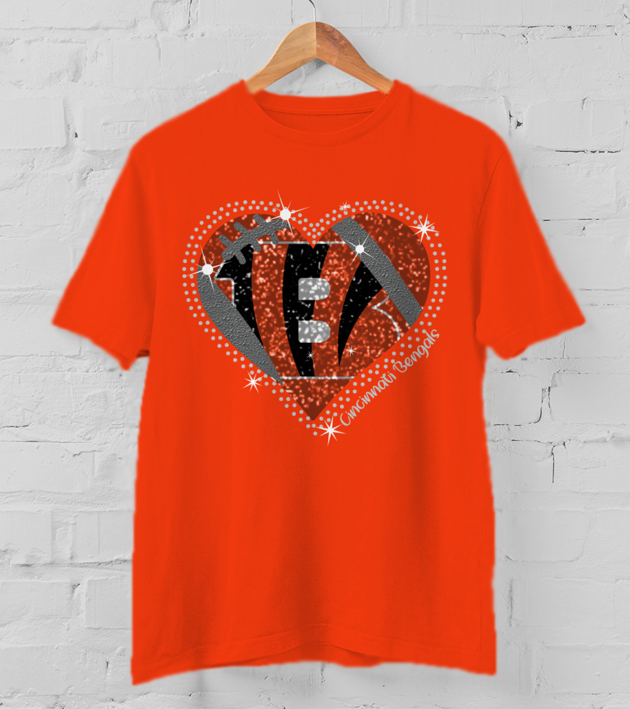Cincinnati Bengals Heart Sparkle Football T-Shirt
