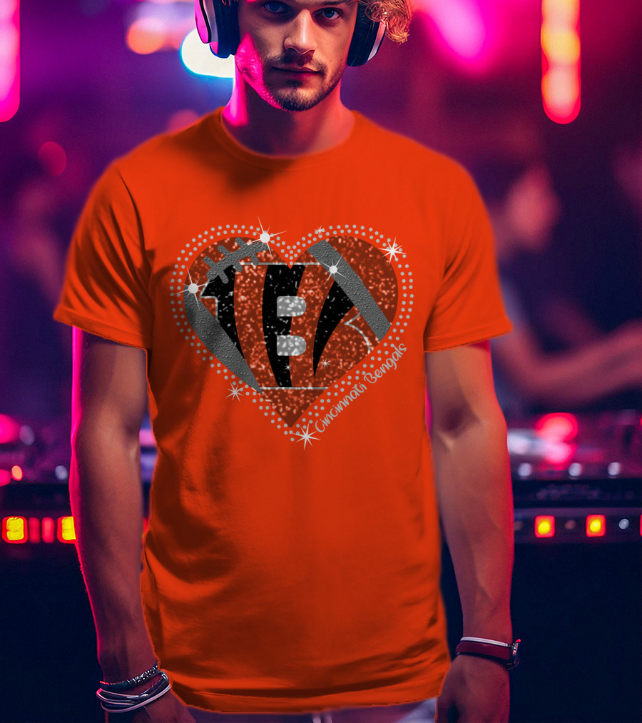 Cincinnati Bengals Heart Sparkle Football T-Shirt