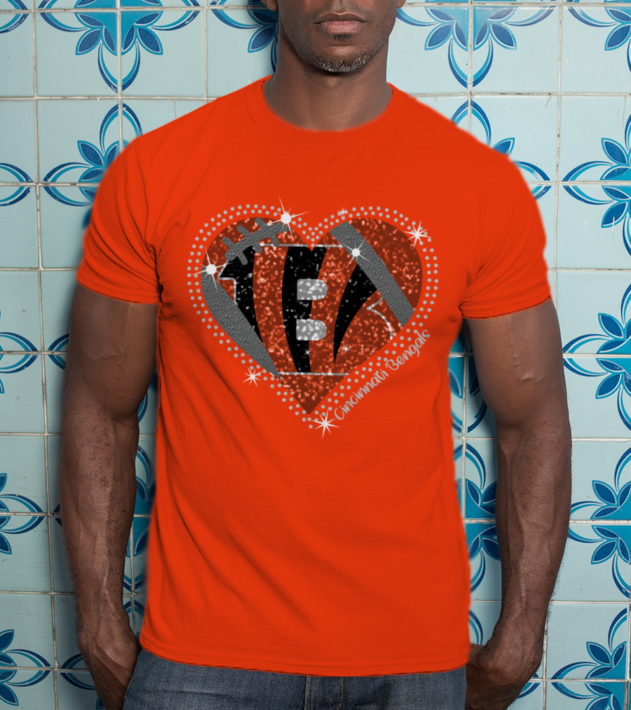 Cincinnati Bengals Heart Sparkle Football T-Shirt