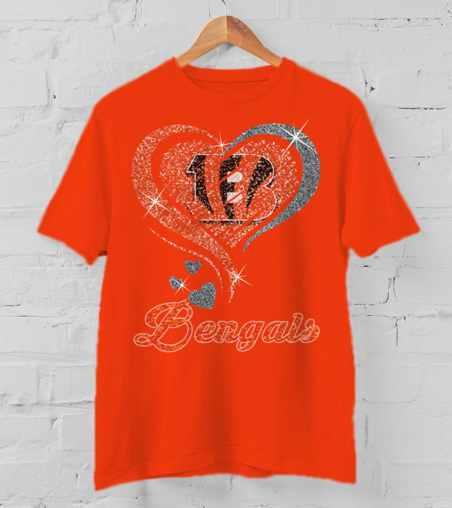Bengals Heart Sparkle B Stripes Glitter T-Shirt
