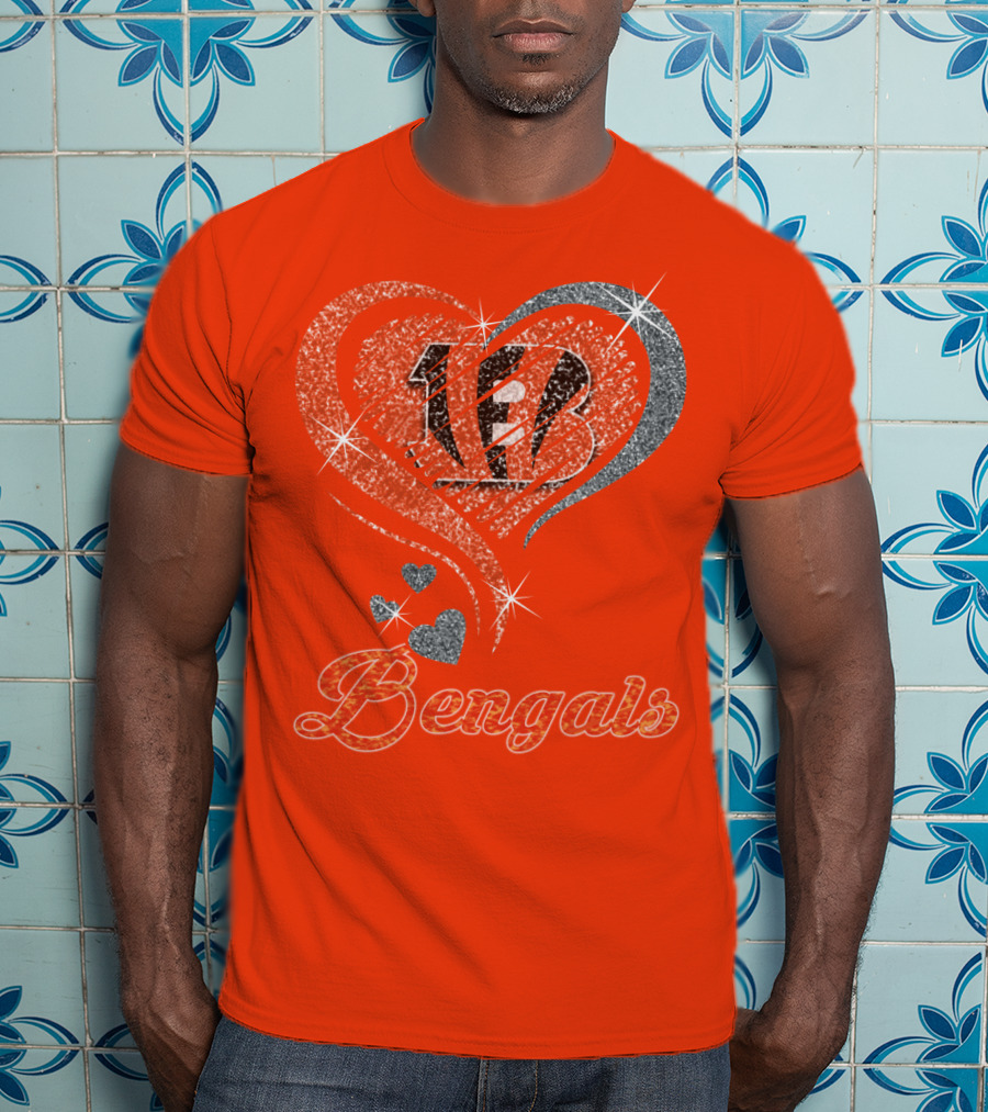 Bengals Heart Sparkle B Stripes Glitter T-Shirt