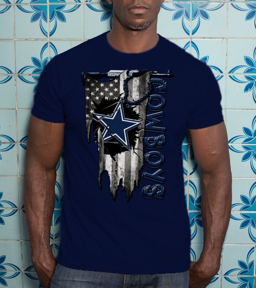 Dallas Cowboys Star Logo On Distressed American Flag With Vertical T-Shirt