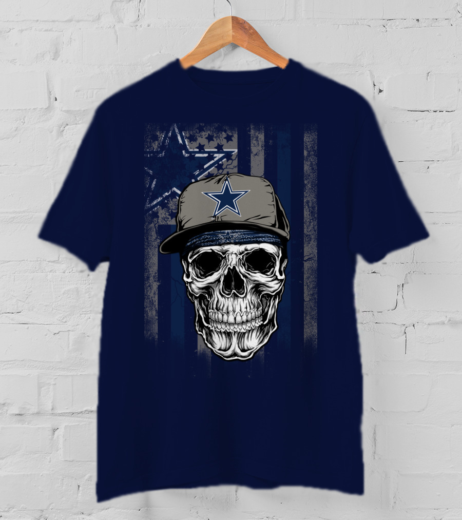 Dallas Cowboys Skull With Star Cap And Grunge Flag T-Shirt