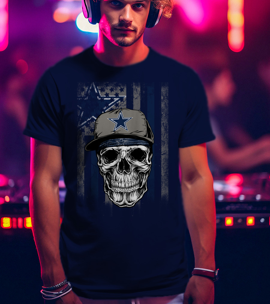 Dallas Cowboys Skull With Star Cap And Grunge Flag T-Shirt