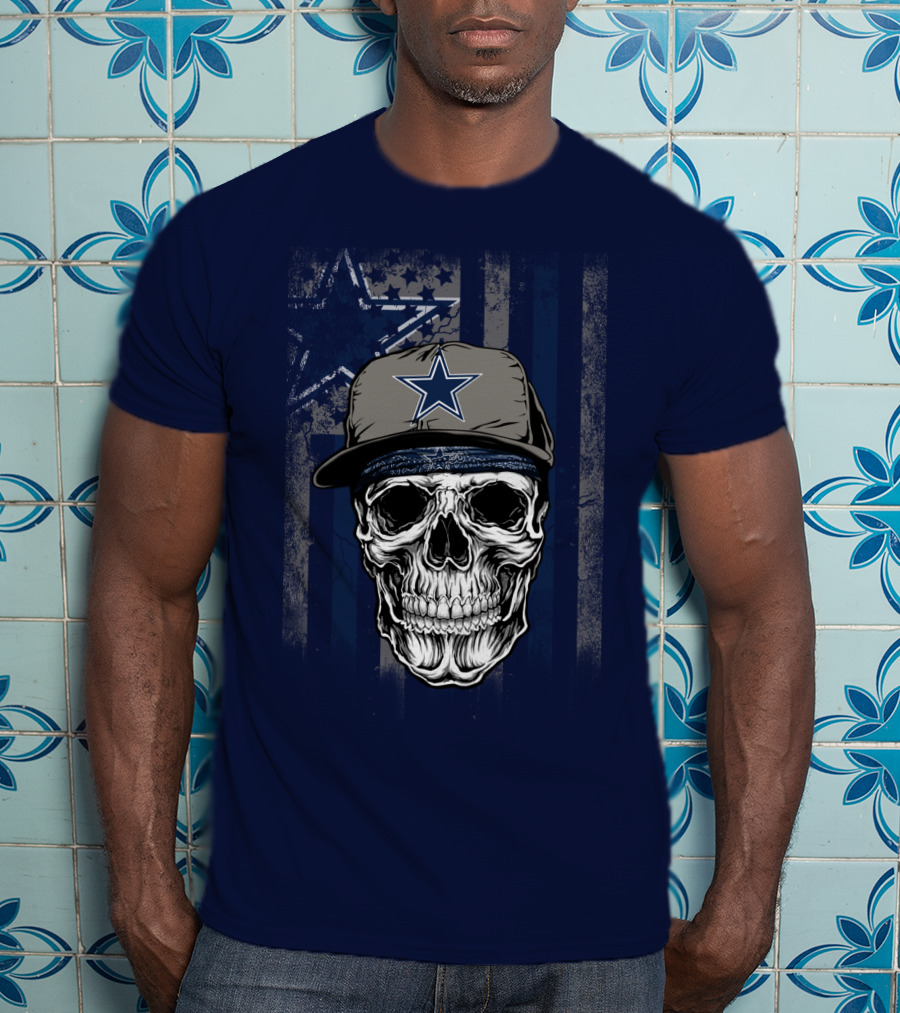 Dallas Cowboys Skull With Star Cap And Grunge Flag T-Shirt