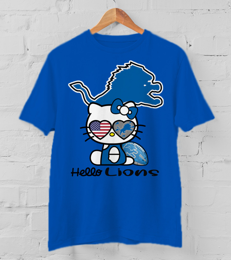 Hello Lions Detroit Lions Football Kitty Patchwork T-Shirt