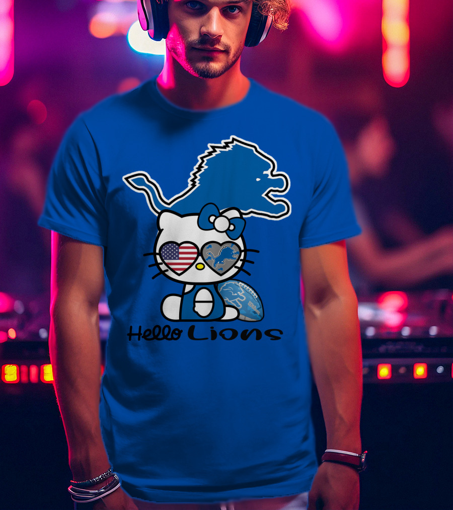 Hello Lions Detroit Lions Football Kitty Patchwork T-Shirt