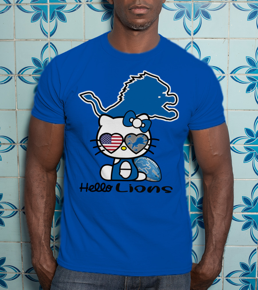 Hello Lions Detroit Lions Football Kitty Patchwork T-Shirt