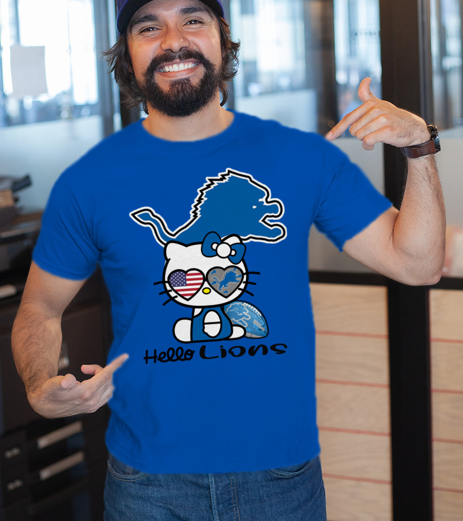 Hello Lions Detroit Lions Football Kitty Patchwork T-Shirt