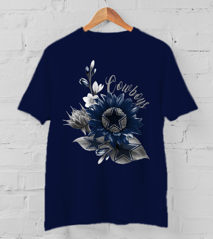 Cowboys Star Floral Design With Navy And Silver Accents T-Shirt