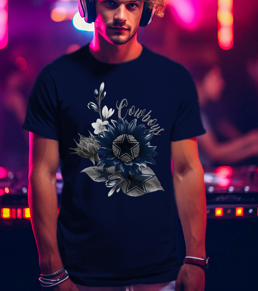 Cowboys Star Floral Design With Navy And Silver Accents T-Shirt