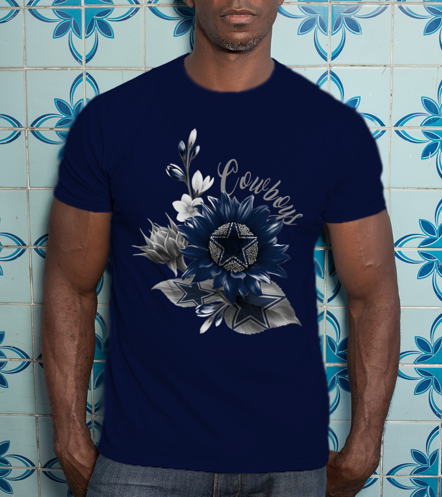 Cowboys Star Floral Design With Navy And Silver Accents T-Shirt