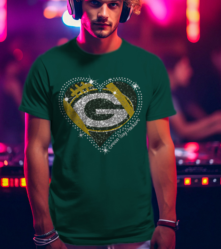 Green Bay Packers Heart Glitter T-Shirt