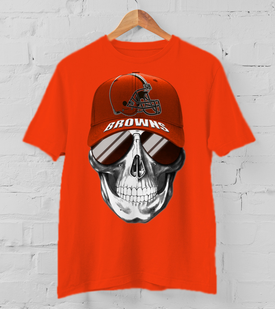 Cleveland Browns Skull Hat With Football Helmet Icon On Bright Orange T-Shirt