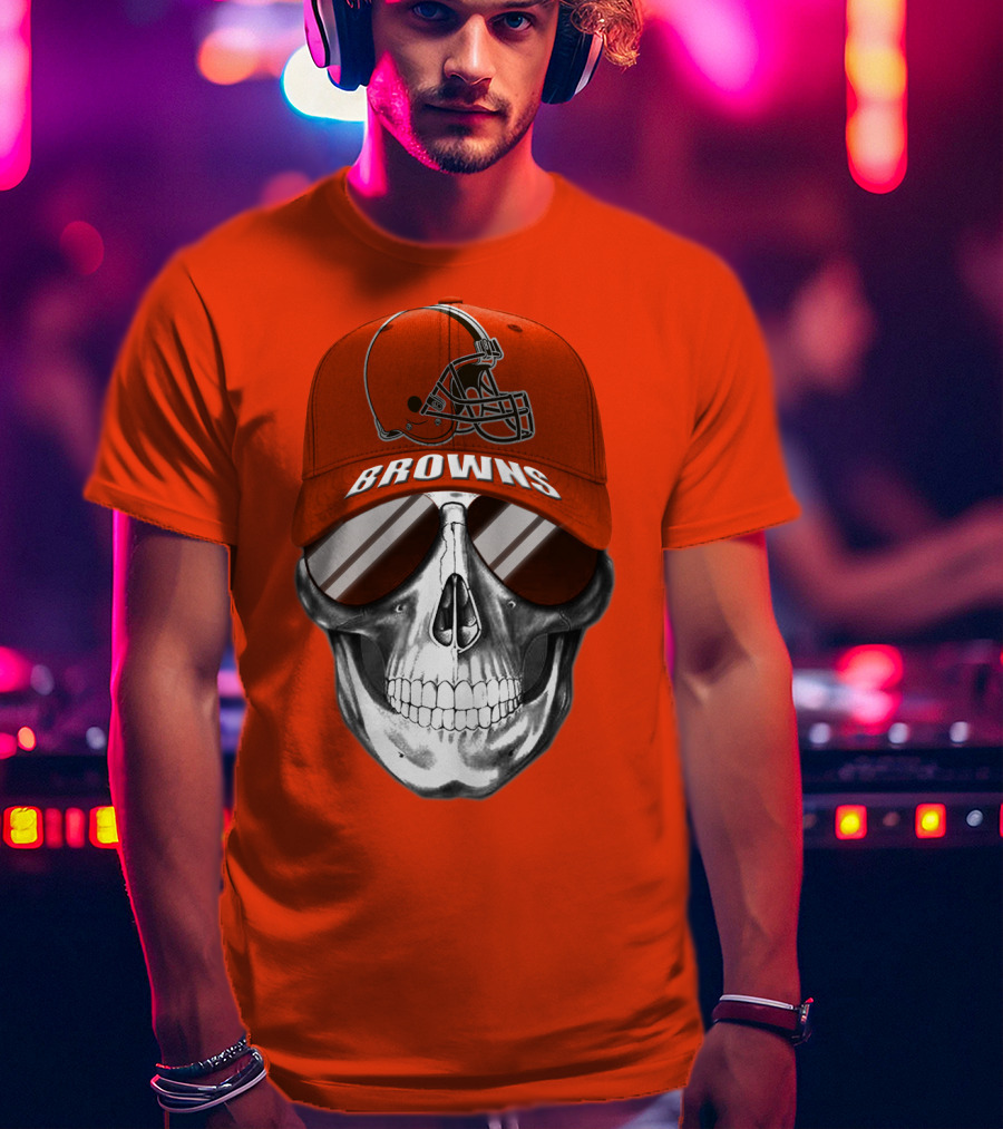 Cleveland Browns Skull Hat With Football Helmet Icon On Bright Orange T-Shirt