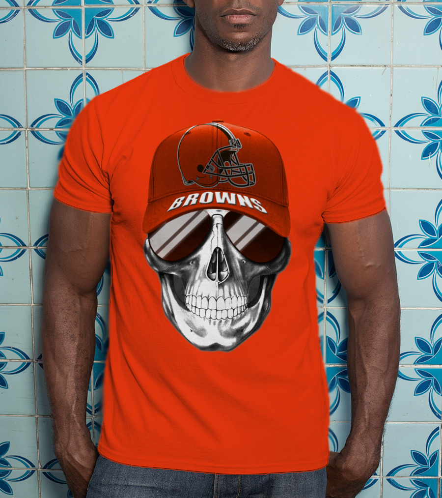 Cleveland Browns Skull Hat With Football Helmet Icon On Bright Orange T-Shirt
